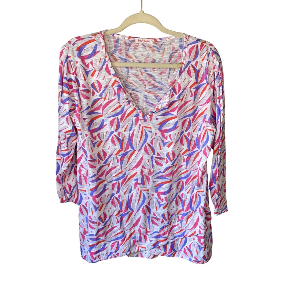 Fresh Produce Womens Large Pink Purple Abstract Slub Knit 3/4 Sleeve Henley Top
